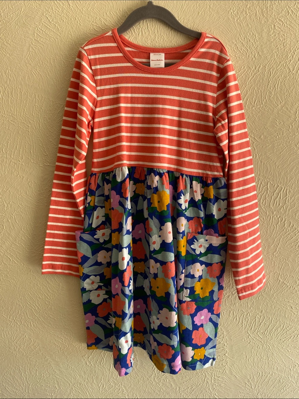Hanna Andersson Stripe Floral Long Sleeve Mixie Playdress Dress Pockets, size 8